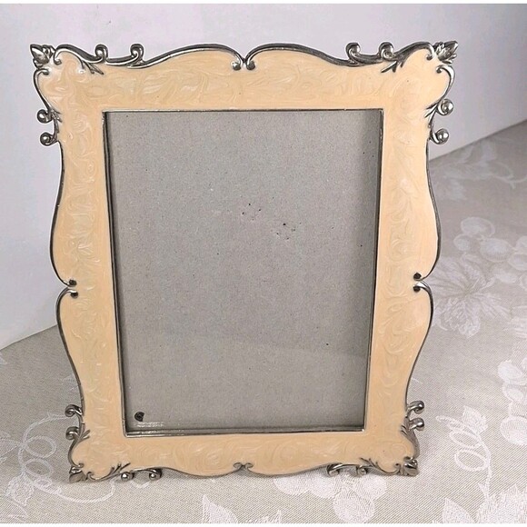 Vintage Scrolled Peachy Pink Stained Glass Photo Frame Pewter Trim 8.5"x6.5" - Picture 2 of 15